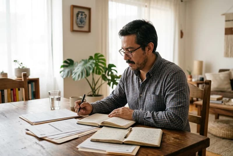 Persona organizando sus notas y finanzas en casa