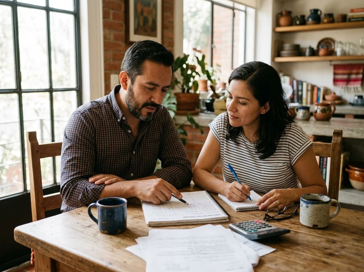 Pareja revisando y organizando sus finanzas en casa con tranquilidad